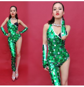 Silver gold green  leather patchwork  mirror sequins women's ladies female dance wear one shoulder  sexy fashion single leg performance jazz singer dj hip hop show bar dance costumes outfits bodysuits catsuits 